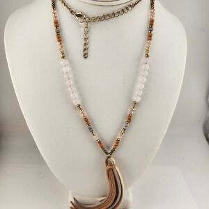 Boho Beaded Tassel Necklace Gold Tone Pink Wood Stone